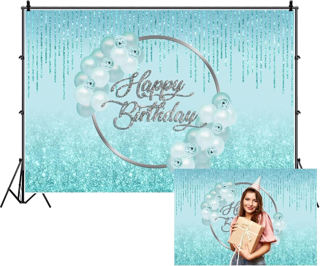Renaiss Teal Green Happy Birthday Backdrop for Women 10x6.5ft Aqua Green Rose Teal Balloons Glitter Photography Background for Woman Bday Party Decorations Fabric Photo Studio Video Prop (10Wx6.5H FT)