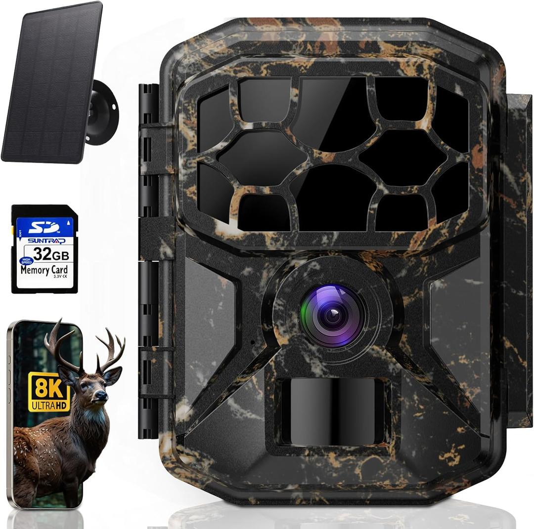 Trail Camera - Solar 8K 60MP WiFi Game Camera with 0.1S Motion Activated, 65FT Detection Distance, No Glow HD Night Vision, IP66 Waterproof, 32GB Card Included for Wildlife Monitoring