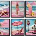 2 x 6pcs Pink Beach Wall Art Pink Summer Ocean Coastal Canvas Painting Coconut Girl Aesthetic Posters Prints Girly Nautical Bus Wall Decor Set for Girls Room Girls Dorm Home Decoration(8x10in Poster) (8L" x 10W")