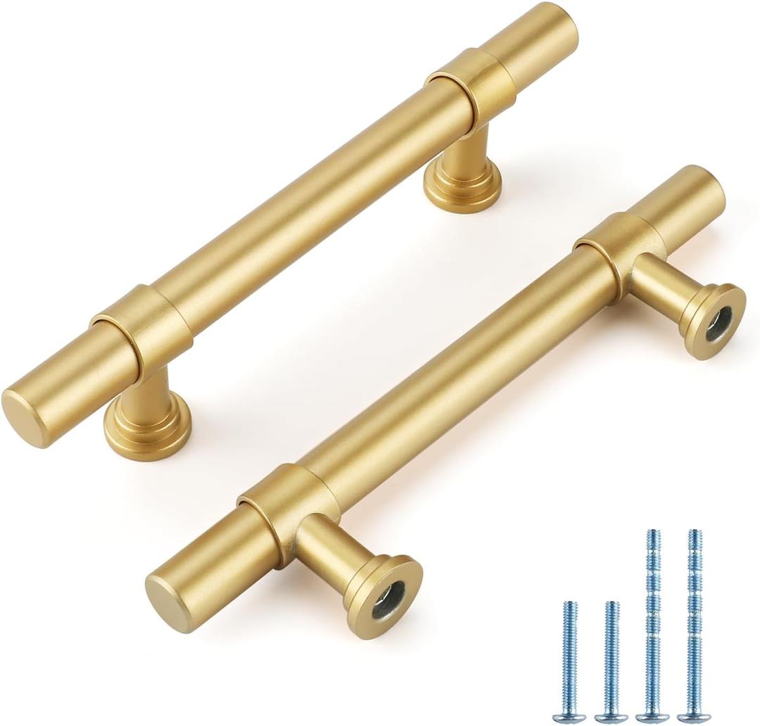 Rergy 10 Pack Gold Cabinet Pulls Kitchen Cabinet Handles Brushed Brass Cabinet Handles Brushed Gold Drawer Pulls Kitchen Cabinet Hardware 3 inch Hole Center Cabinet Hardware (3in(76mm)hole center, Matte Gold)