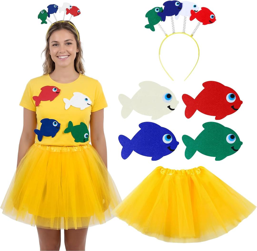 6 Pcs Fish Costume Set for Teacher Book Character Costumes Goldfish Marine Life Headband Tutu and 4 Fish Clothing Felt Patches for Reading Story Cosplay Party Supplies Women Men, One Size