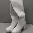 DREAM PAIRS Women's Gogo Boots Square Toe Chunky Wide Calf Knee High Boots For Women (7.5, White/Patent/Pu)