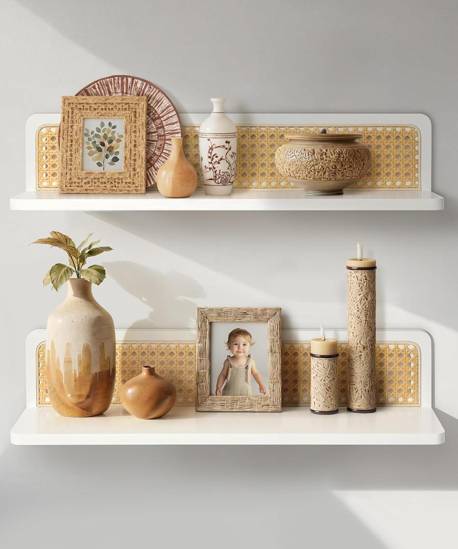 Rattan Wall Shelf 24inch Set of 2, Handmade White Floating Shelves Boho Wall Decor, Rustic Wood Wall Mounted Storage Shelves for Living Room Nursery Bedroom