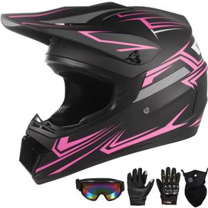 Youth Motocross Helmet for Kids - DOT Approved Full Face Off-Road Mountain Bike ATV Dirt Bike Safety Gear With Goggles, Gloves, and Mask (Small, Pink) Youth Motocross Helmet for Kids - DOT Approved Full Face Off-Road Mountain Bike ATV Dirt Bike Safety Gear With Goggles, Gloves, and Mask (Small, Pink)