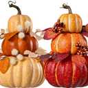 2Pcs 14" Large Stacked Pumpkin Tower Decor, Light Yellow & Orange Hard Foam Artificial Pumpkin Topiaries with Maple Leaves Wheat, Fall Ornament for Halloween Thanksgiving Table Porch Decor