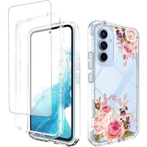 Case for Galaxy A54 5G Case, Samsung A54 5G SM-A546U Case with Tempered Glass Screen Protector, Full Body Floral Bumper Shockproof Protective Phone Cover for Samsung Galaxy A54 5G Rose Flower