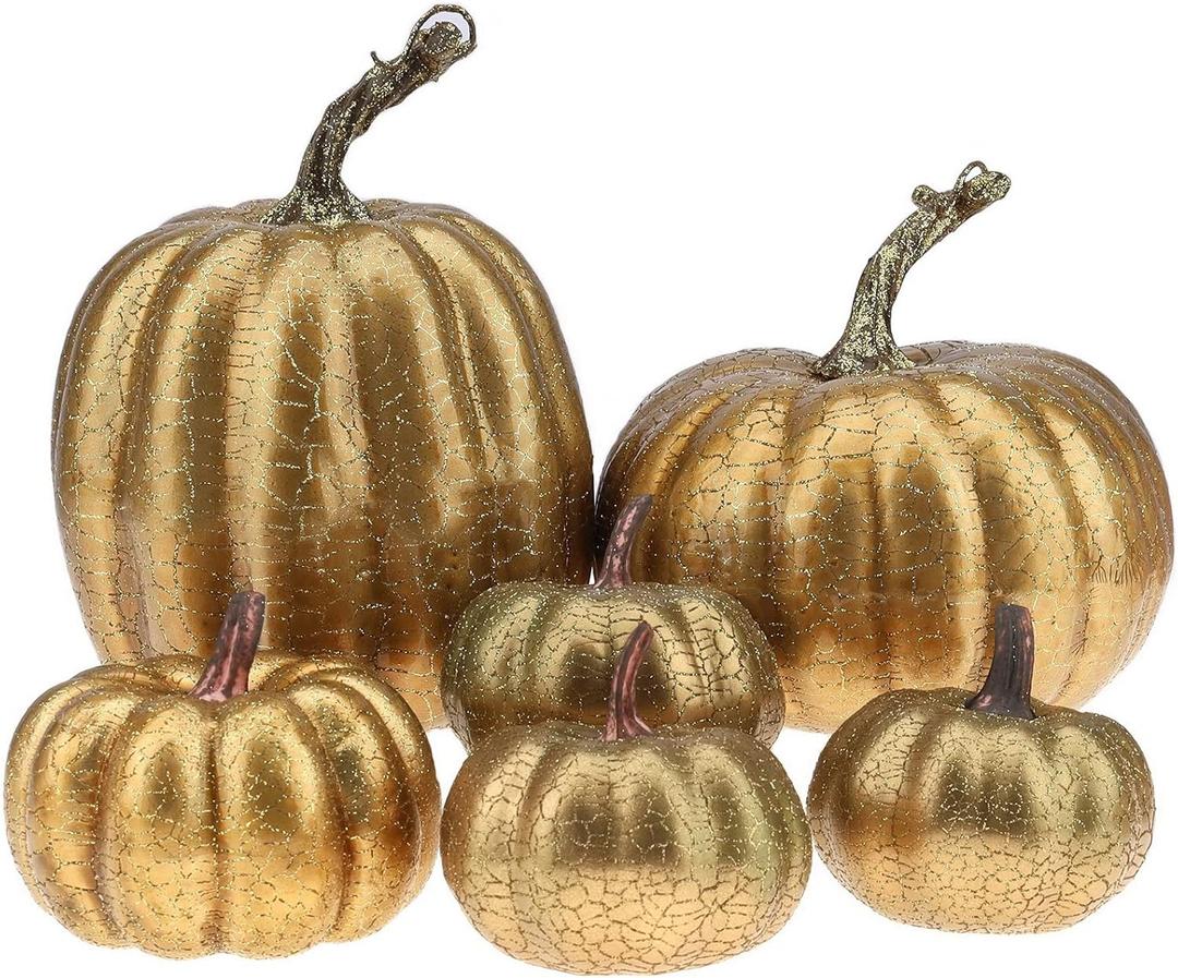 6 Pcs Gold Artificial Pumpkins Decor,Fall Home Decorations, Crack Foam Pumpkin for Halloween Thanksgiving Fireplace & Mantel & Kitchen Table Centerpiece Decoration