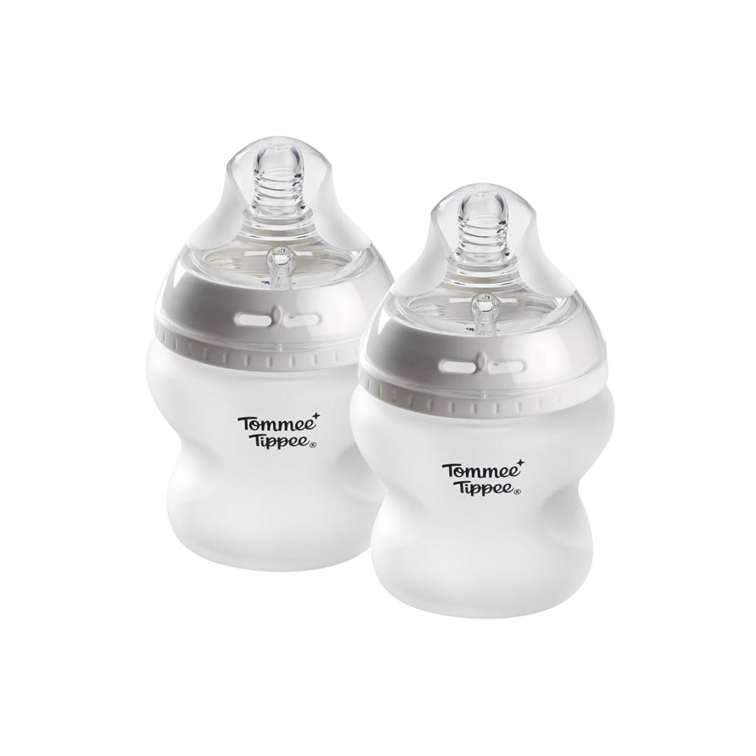 Tommee Tippee Silicone Coated Glass Baby Bottles for Feeding, 5 0z, Anti-Colic, 0+ Months, Slow Flow Breast-Like Nipple, Shatter-Proof Glass, BPA Free, Pack of 2