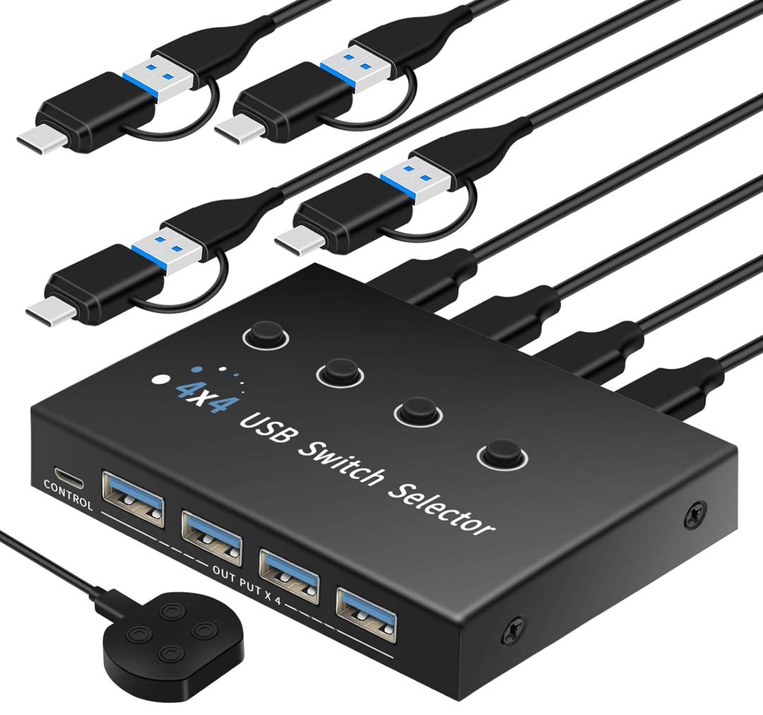 USB 3.0 Switch 4 Computers 3 Computers Keyboard Mouse,4 Port USB Switcher Sharing Mouse Keyboard Scanner Printer, Includes Cables and Remote(USB3.0-AC 4IN4OUT)