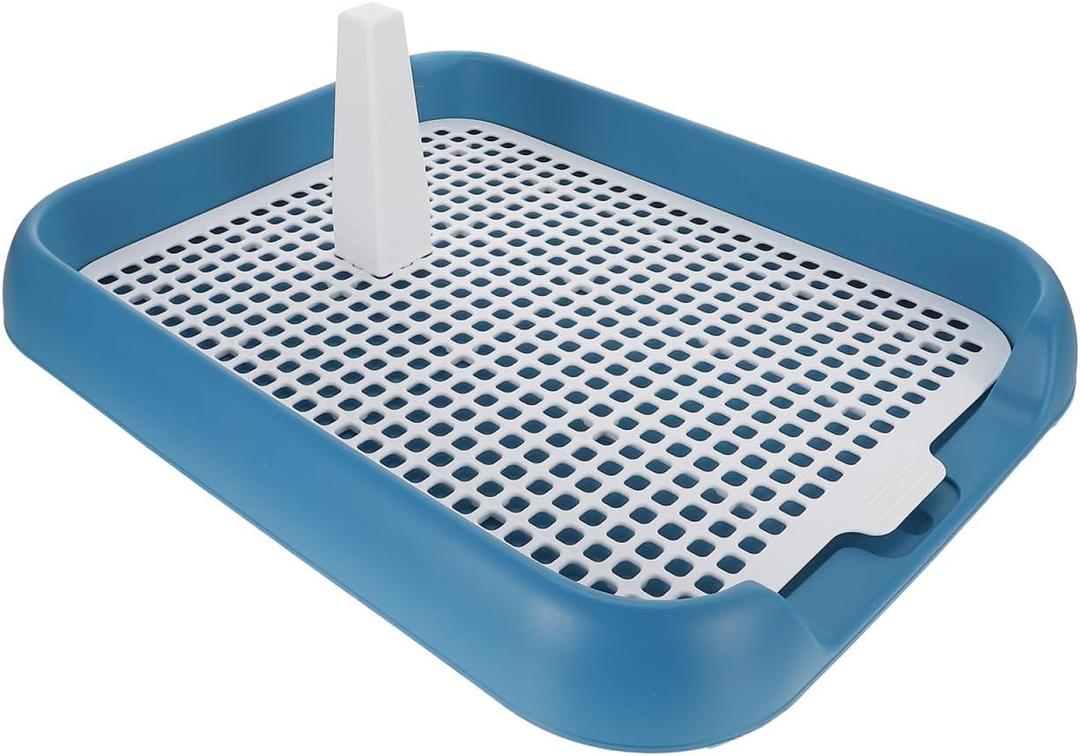 Dog Potty Tray with Wall Post: Indoor Puppy Training Toilet Blue Plastic Mesh Grate, Pee Pad Holder for Male Dogs, Keeps Paws Dry, Portable Pet Litter Box for Apartment