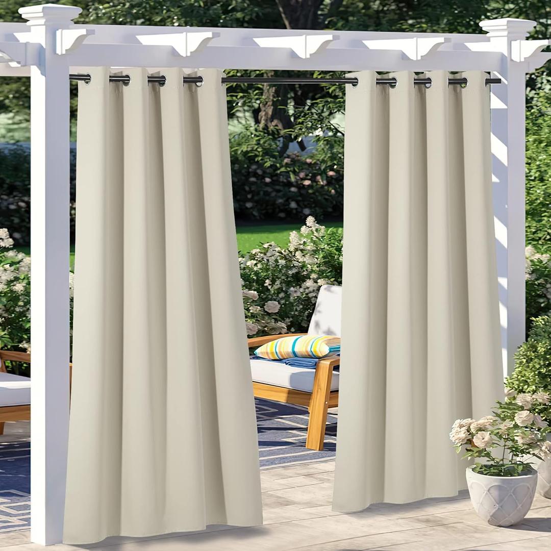 NICETOWN 2 Panels Weighted Patio Outdoor Curtains 95 inch Length, Home Fashion Microfiber Thermal Insulated Silver Stainless Steel Grommet Room Darkening Drapes for Terrace, Beige, W52 x L95