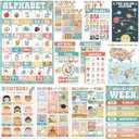 BEAWART 16 Boho Groovy Educational Posters - Alphabet ABC Poster, World Map - Laminated Learning Poster Charts for Classroom Decor - Homeschool and Classroom Wall Decoration