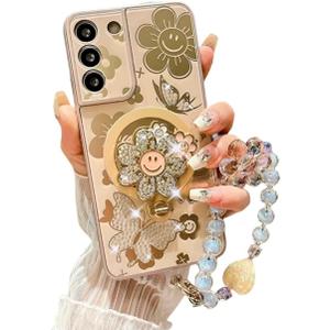 for Samsung Galaxy A16 5G Case for Women Girls with Phone Charm Strap[Compatible with Magsafe] [Camera Lens Protector][Bling Diamond Flower Kickstand] Cute Girly Phone Case for Samsung A16 5G Gold