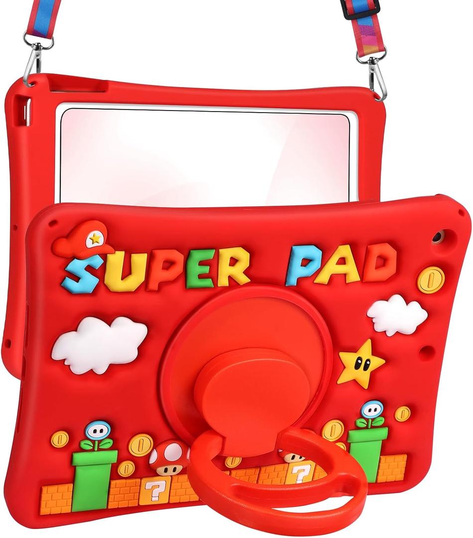 Cute Case for iPad 9th/8th/7th Generation - Silicone 3D Design for Girls Women Girly Kawaii Funny Cartoon Soft Stand for iPad Case 9th/8th/7th Generation with Lanyard 10.2 Inch, Red Maliao
