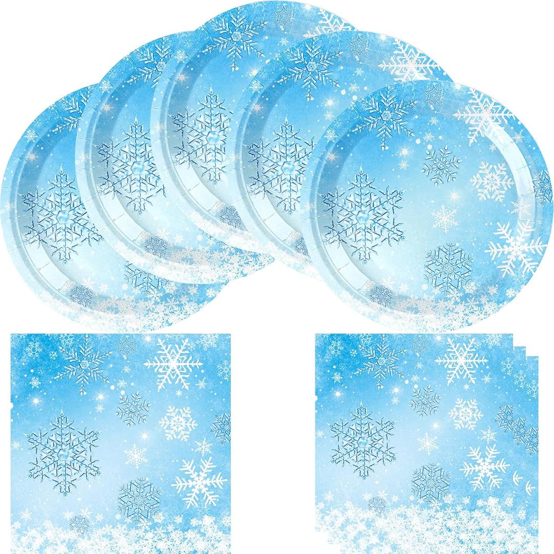 Winter Snowflake Birthday Party Supplies, include 20 Plates and 20 Napkins, for Birthday Christmas Winter Wonderland Party Decorations