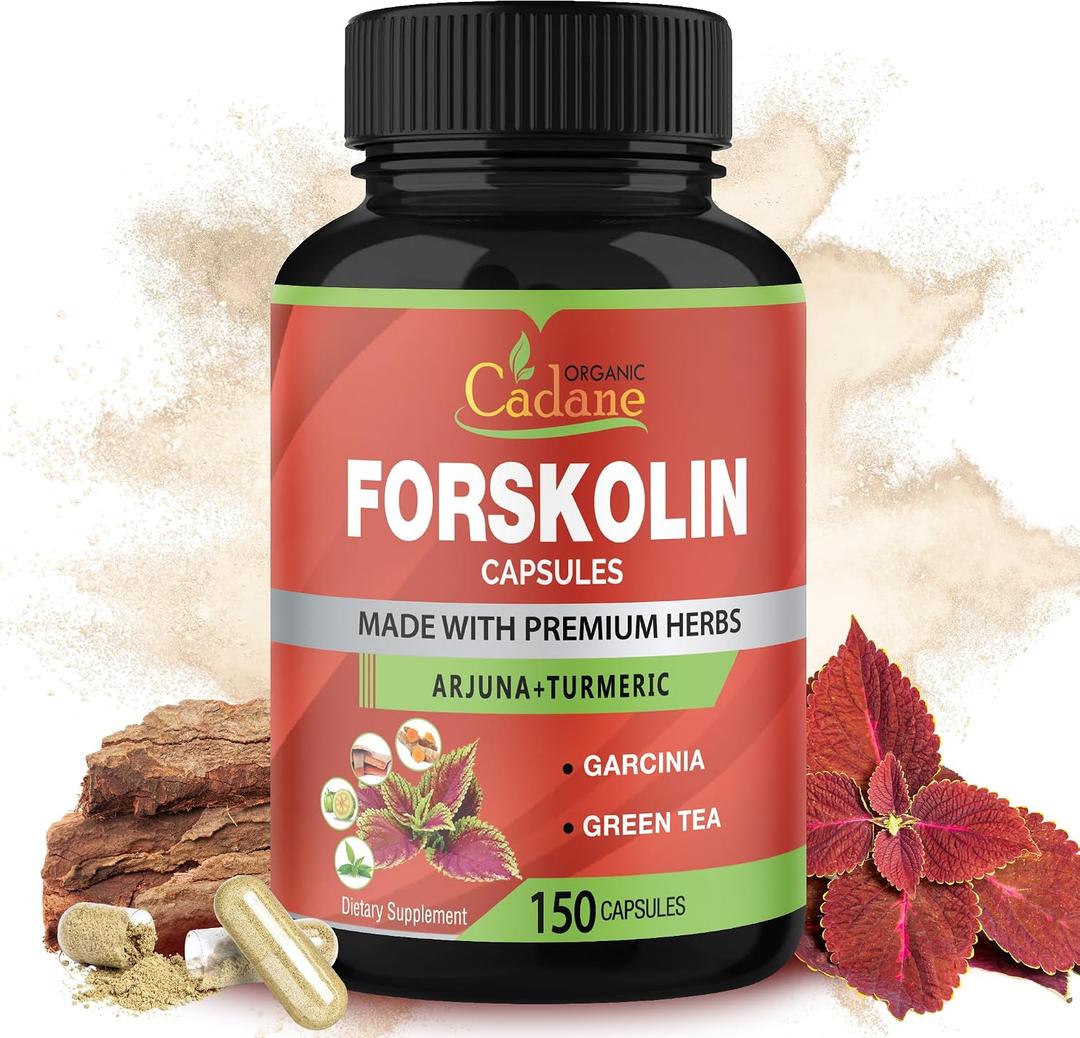 Organic Cadane Forskolin Supplement Capsules - 5in1 Concentrated with Turmeric Curcumin, Arjuna, Garcinia Cambogia, and Green Tea - 150 Capsules for 5 Months Supply