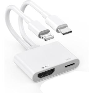 Apple MFi Certified] 2 in 1 Lightning and USB-C to HDMI Adapter for iPhone,4K60Hz DVI Lightning Type C Digital AV HDMI Adapter Cord for iPhone 17 16 15 14 13 12 11 XS XR X 8 HDTV/Projector/Monitor