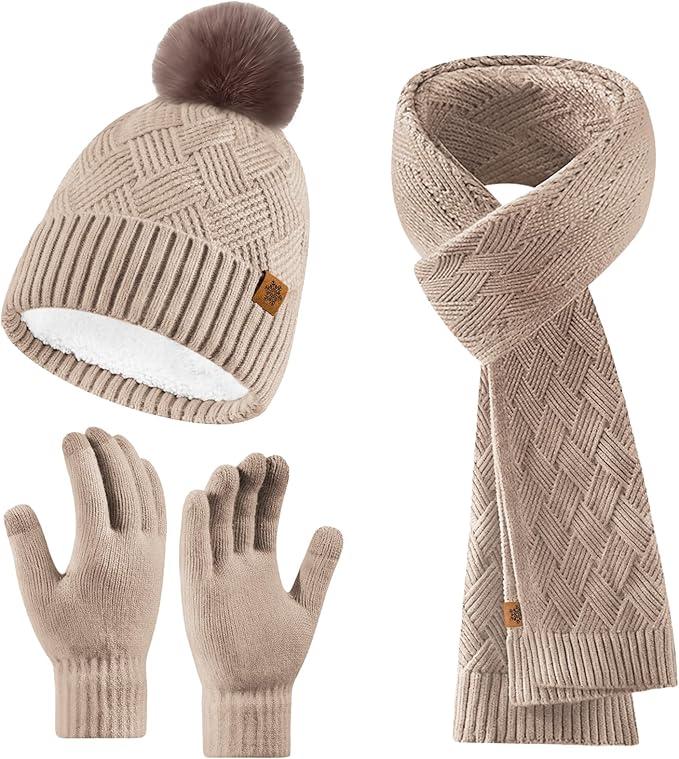 Winter Hats Scarf Gloves for women men,Winter Clothes Knitted Fleece Lined Beanie Thermal Gloves Long Scarf (Beige)