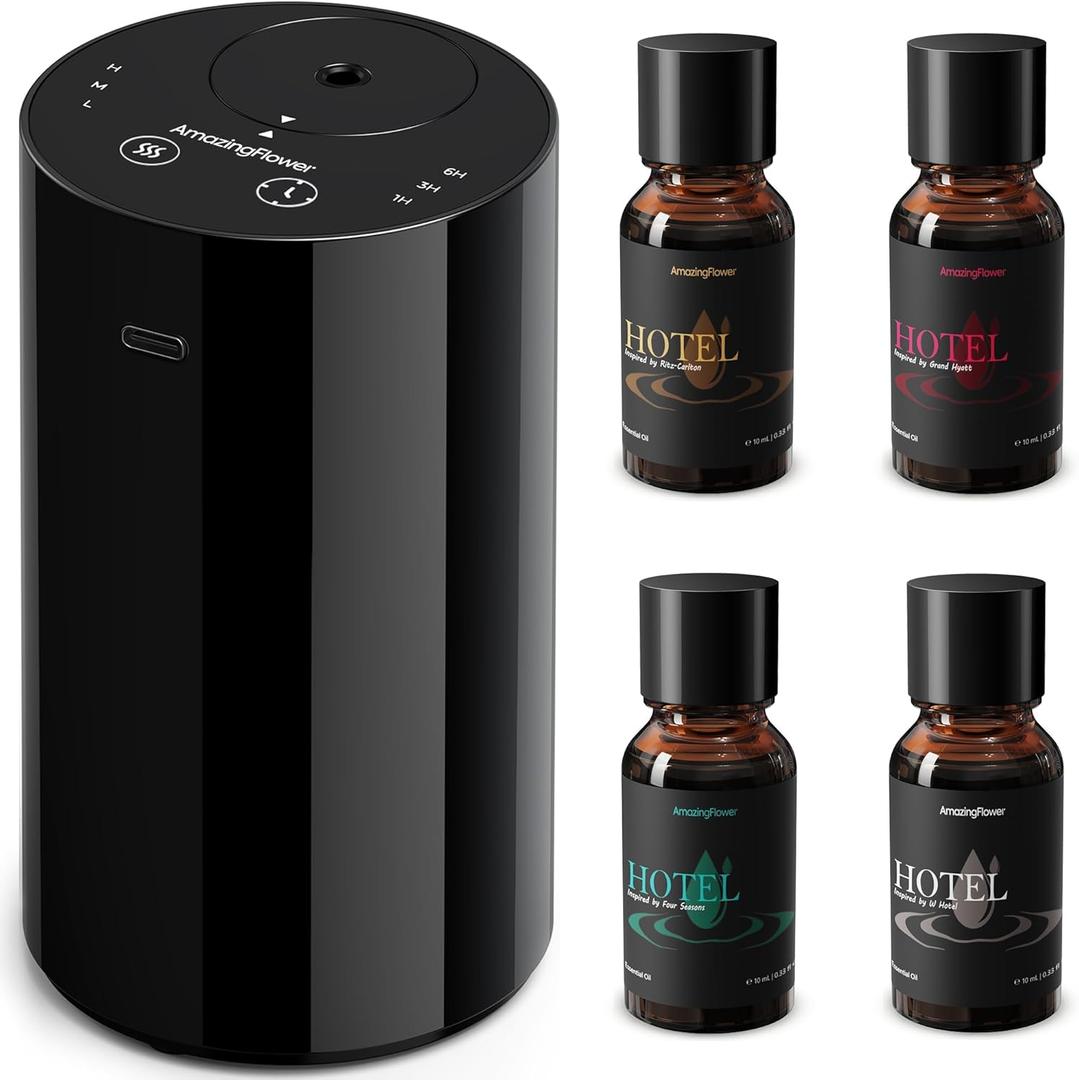 Waterless Essential Oil Diffuser Starter Kit with 4x10mL Hotel Scent Fragrance Oils, Rechargeable Mini Car Diffuser Scent Air Freshener Machine, Portable Aroma Diffuser for Home Car Office, Black
