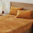 BEDELITE Velvet Fitted Sheet and Pillowcases Set, Luxury Soft Fuzzy Bottom Sheet with Elastic Corner Straps, Deep Pocket up to 15 Inch, 1 Fitted Sheet and 2 Pillowcases (Cal King, Burnt Orange)