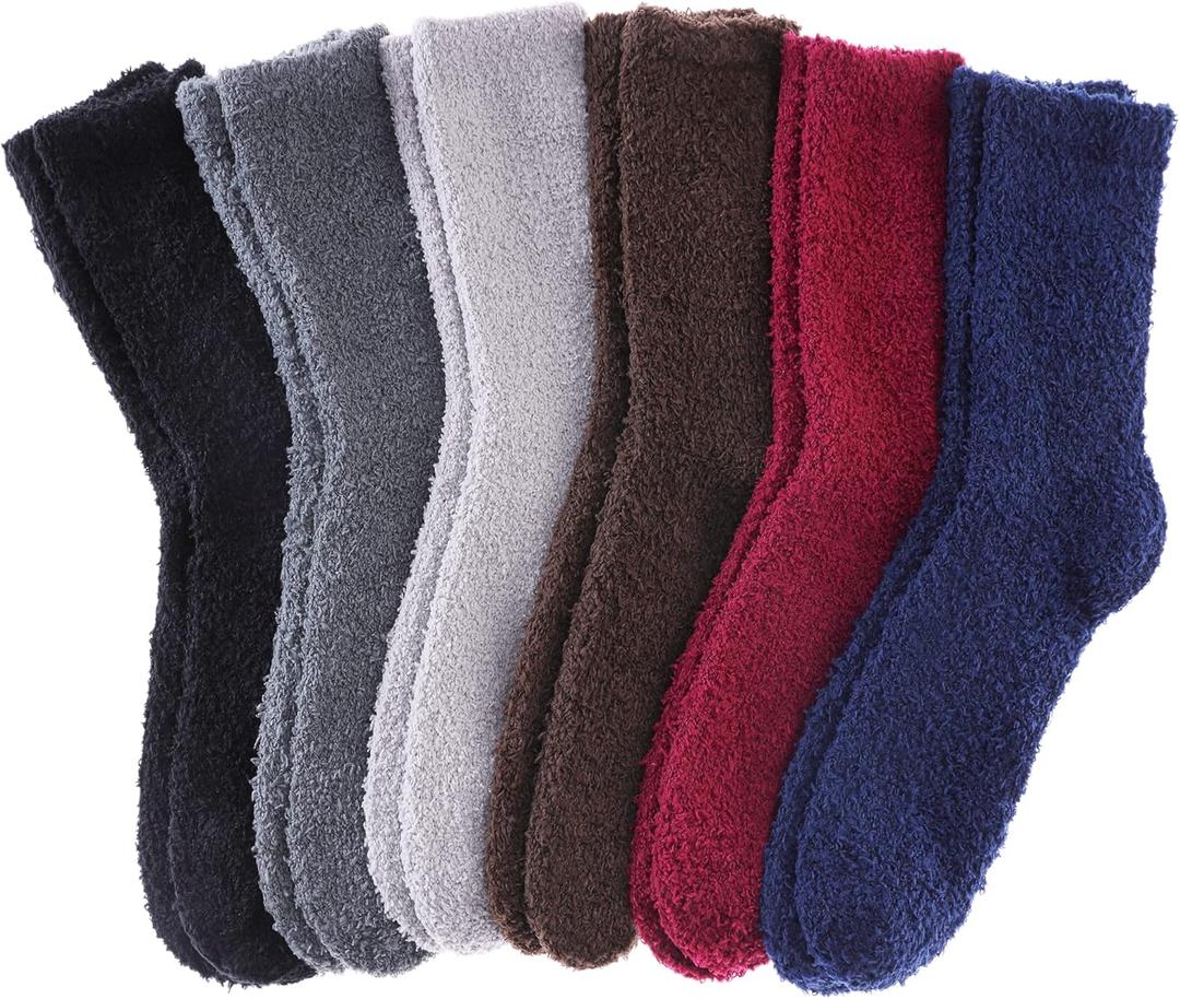 DYW Mens Fuzzy Slipper Socks Super Soft Cozy Fluffy Winter Warm Sleeping Socks (Large, 5 Pairs Solid Colors)