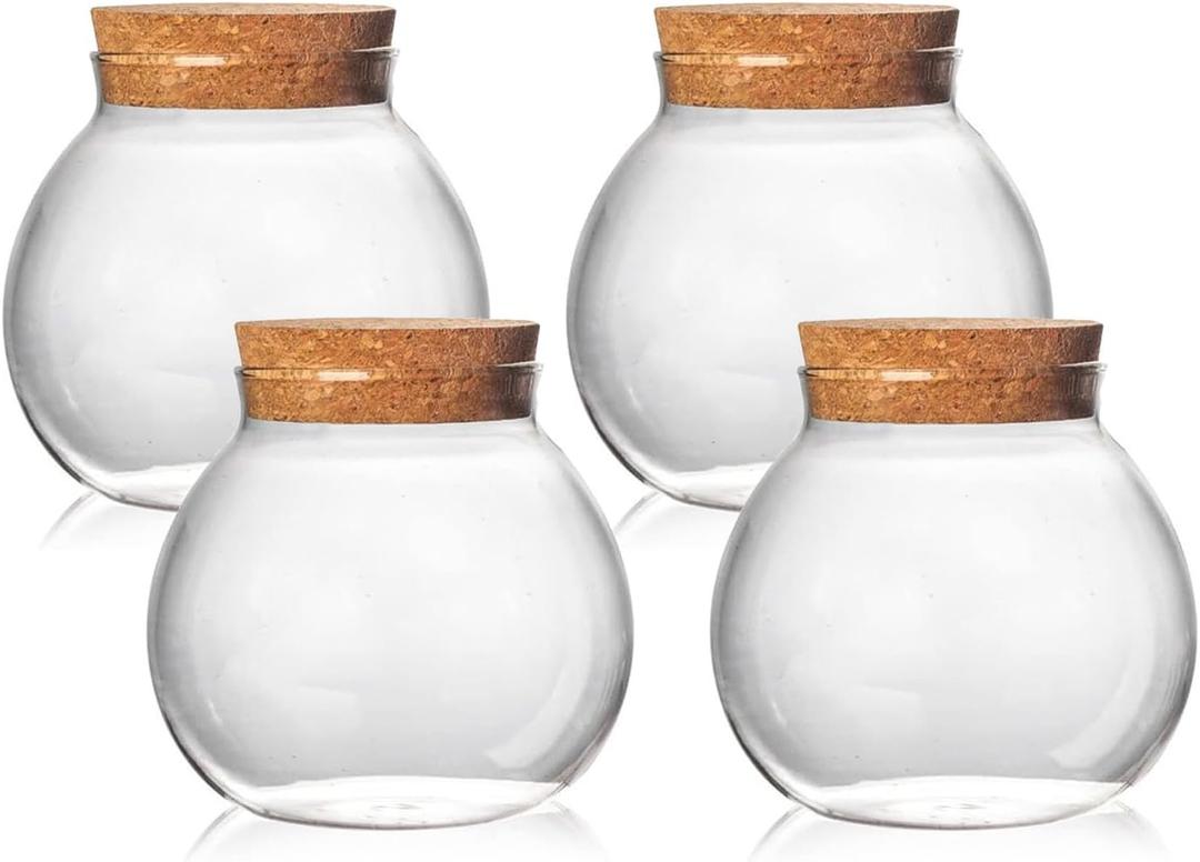 SET OF 4 ROUND GLASS JARS WITH CORK LID 17OZ WEDDING CANDY JAR KITCHEN JAR, PERFECT FOR TEA, BISCUITS, CEREALS, FLOUR, BEANS, SPICES, COFFEE BEANS ETC (4PCS)