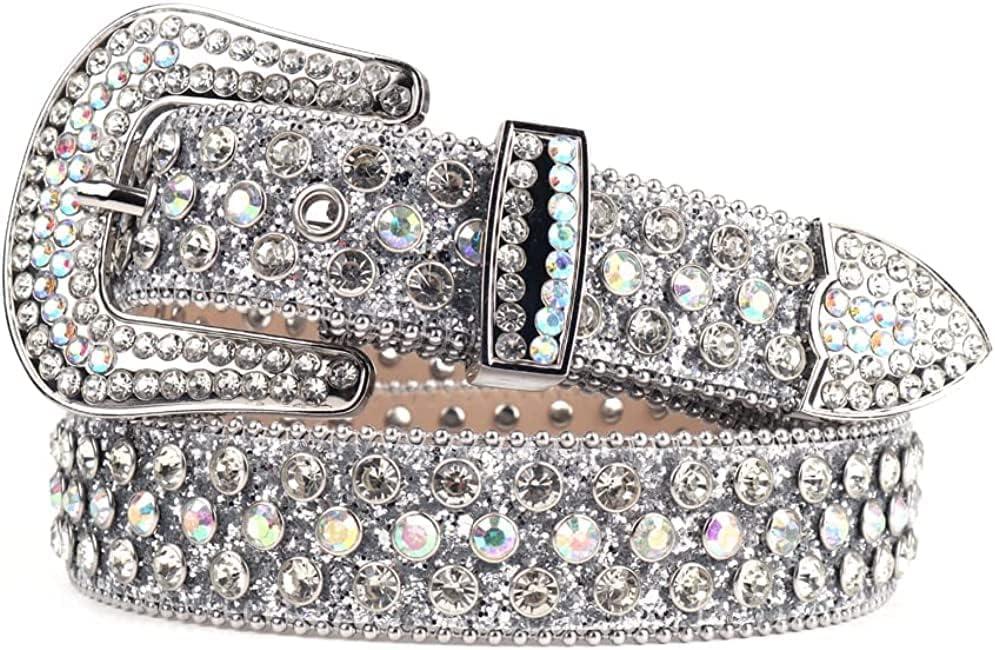 Studded Rhinestone Belts Men Women Fashionable Sparkly Diamond Belt Shiny Crystals Inlaid Design Leather Belt Christmas Gift (X-Large, Silver)