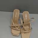 Carcuume Womens Kitten Heels Square Toe Thong Strappy Ankle Strap Stiletto Heel Sandals (6.5, Nude Pu)