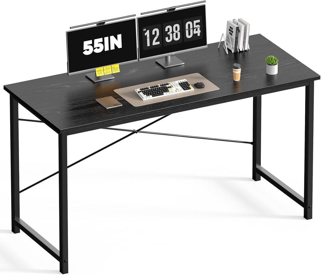 DUMOS 55 Inch Small Computer Desk for Home Office, Modern Study Work Table Simple Style for Bedroom, WritInchg Desks with X-Shaped ReInchforcement, Black
