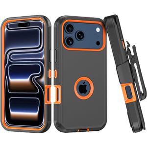 Compatible with iPhone 17 pro Case, with Belt Clip Holster Heavy Duty Rugged Shockproof Full Body Protection Kickstand Cover for iPhone 17 pro PhoneBlack+Orange