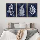Large Framed Canvas Wall Art - Natural Float Framed Rustic White Leaf Pictures Wall Art Prints for Living Room Decor Indigo Plant Artwork Decorations for Bedroom Kitchen Home Office 60" X 28" Set of 3, 20" X 28" X 3pieces Framed