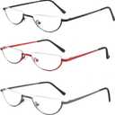 Half Moon Reading Glasses Anti Blue Light UV, Half Frame Semi Lens Slim Spring Hinge Readers with Case for Men Women (3 Pairs- Black / Gunmetal / Red)