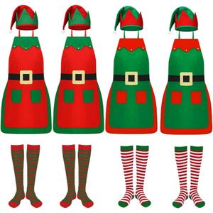 Christmas Elf Apron Set with Hat and Socks Adult Elf Apron Costume with Pocket for Xmas Party Gift Kitchen Baking (Red and Green)