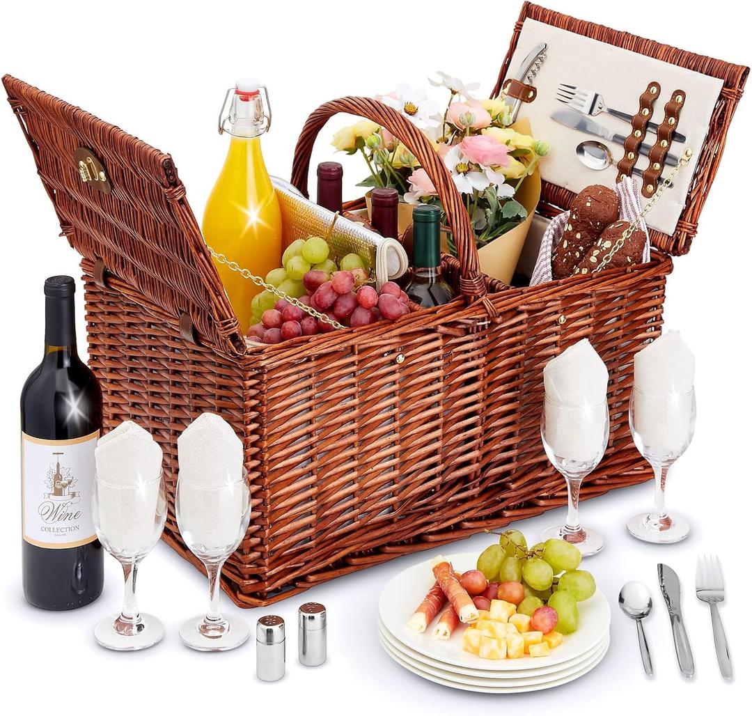 Juvale Picnic Basket for 4-21 x 10.3 x 14.5 in, Brown, Rustic - Wicker Picnic Basket Set with Insulated Cooler Bag, Ceramic Plates, Utensils & Glasses