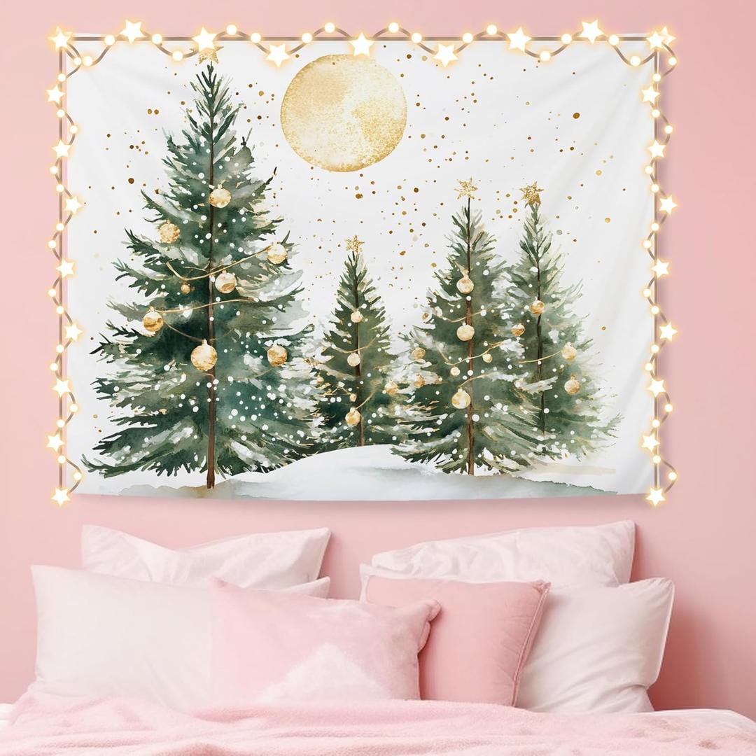 NATSUNO Christmas Tree Tapestry, Winter Forest Wall Tapestry for Bedroom, Festive Snowy Gold Xmas Tree Tapestries Wall Hanging for Home Bedroom Living Room Decor, 50x60 Inches (Christmas tree under the moon)