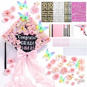 Knitgrip Graduation Cap with Decoration Kit 2026, DIY Grad Cap Topper Kit with Hat, Faux Floral, Glitter Cards, 3D Butterfly, Ribbon Bow, Rhinestone Alphabet Stickers, Paint Marker, Glue Gun(Pink)