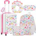 Redbaker 6 Pcs Kids Luggage Set 17 Inch Kids Rolling Luggage Double Pattern Suitcase for Girls Boys School Gift(Pale Pink,Dinosaur Style)