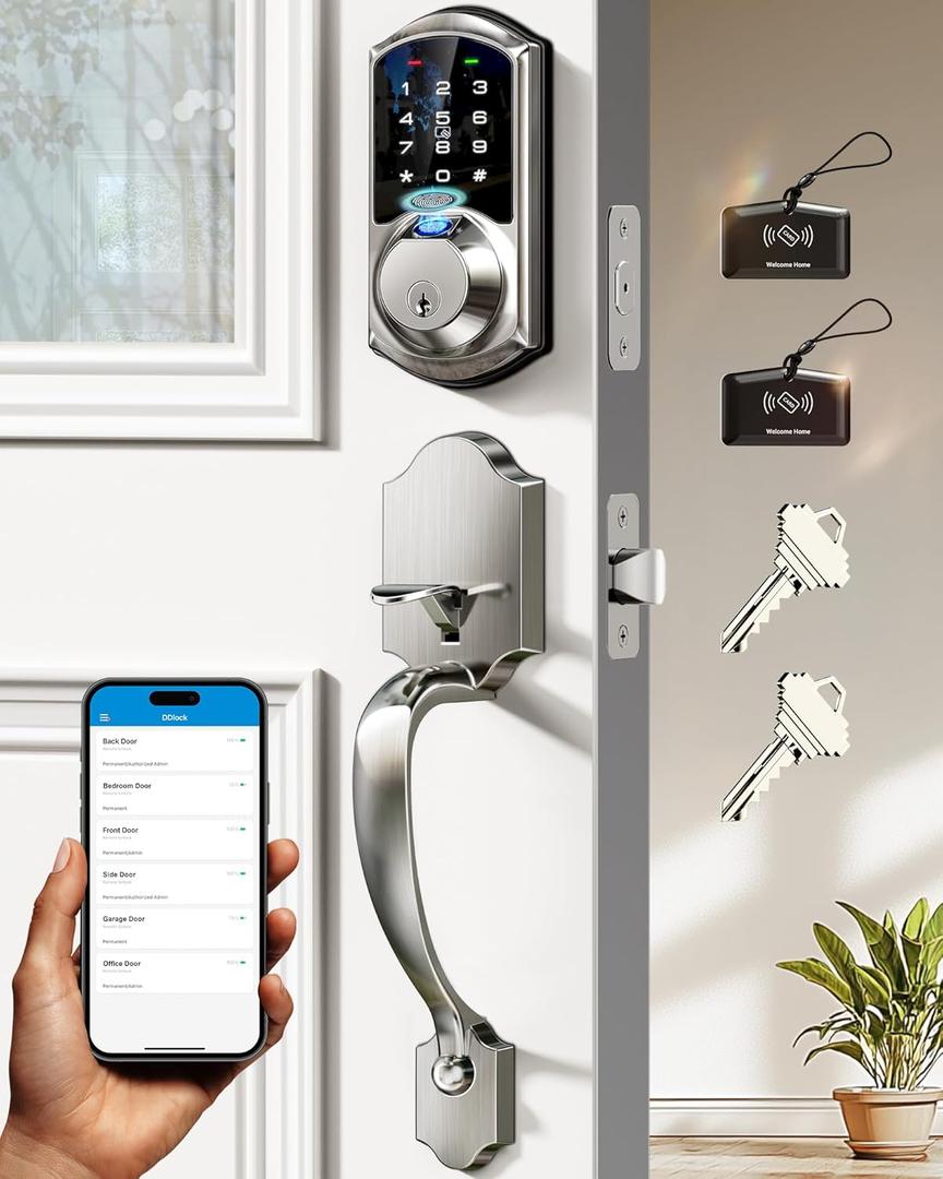Veise VE07-H Fingerprint Smart Locks for Front Door with Handle Set, App Control, Keyless Entry Keypad Deadbolt, Digital Electronic Touchscreen, Easy Install, Auto Lock, Satin Nickel