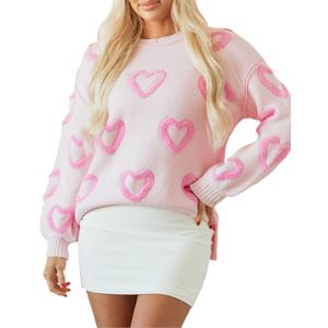 SELINK Women's Fuzzy Heart Sweater V Neck Pearl Drop Shoulder Casual Long Sleeve Valentines Sweaters Pullover Tops, S