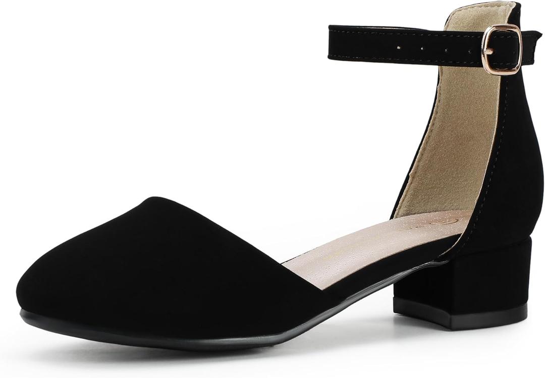 PANDANINJIA Girls Heels Dress Shoes Flower Girl Closed Toe Heels Ankle Strap Wedding Party School Miya Toddler Little Big Kid Pump Shoes (Black Nubuck)