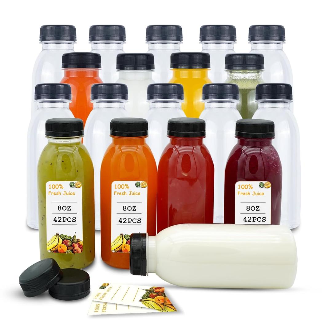 Holotap 42 Pcs 8 OZ Plastic Juice Bottles with Caps, Empty Clear Disposable Bulk Plastic Bottles with White Tamper Evident Caps Lids (Black)