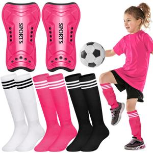 Liliful 4 Pcs Soccer Shin Guards Set for Girl Kids Youth Include 1 Shin Guards & 3 Sport Socks Protective Lightweight Gear Leg Pads Gear for 3-15 Girls Boy Children Teens (Small, Rose Red)
