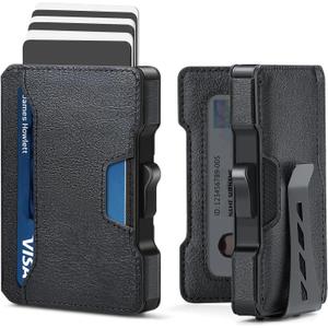 Slim Wallet for Men - Minimalist Mens Wallet with Money Clip, Aluminum Pop Up Card Case and Leather Slots Credit Card Holder RFID Blocking Wallet for Men with Gift Box (Black)