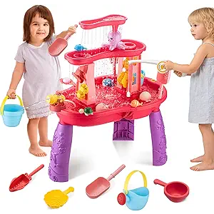 Water Table for Toddlers 3-5 Outdoor Toys for Kids Ages 4-8 3-Tier Kids Sand Water Table with Fishing Game Set Activity Sensory Table Summer Gift Beach Outside Toys for Toddler Girl