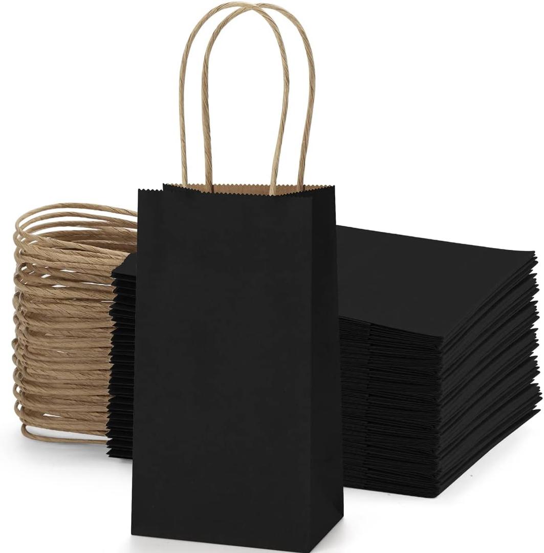 BagDream 50 Pack 3.5x2.4x6.7 Inches Small Kraft Paper Gift Bags with Handles Bulk Mini Party Favor Bags Candy Bags 100% Recyclable Black Paper Bag