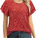 siliteelon Summer Tops for Women Print Flutter Sleeve Round Neck Blouses Dressy Casual Shirt Beach Trendy 2026 Red Floral, XL