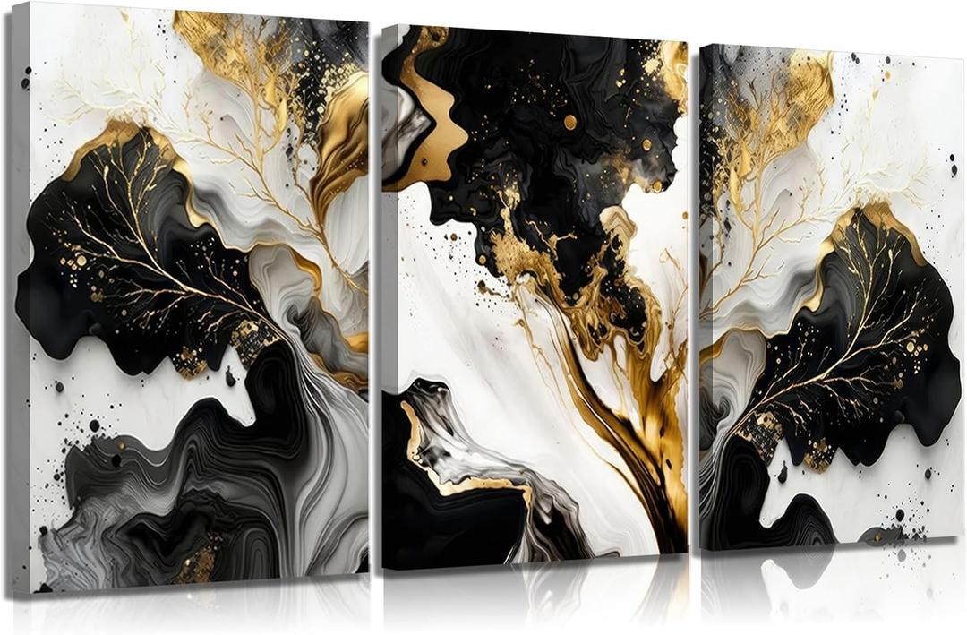 3Pcs Abstract Marble Canvas Wall Art Picture Black White Gold Texture Poster Print Modern Painting Wall Decor for Bedroom Living Room Office 16x24in Framed, 24L" x 16W"