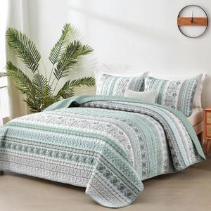 Goodidea Boho Quilt Set King Size,3 Piece Mint Green Bohemian Striped Bedspread Coverlet Set with 2 Pillow Cases Lightweight Soft Microfiber Bedding Set for All Seasons (104"x90")