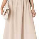 Wenrine Womens Off The Shoulder Midi Dress Summer Square Neck Puff Short Sleeve Casual Flowy A Line Beach Dresses, L