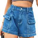 YOCUR Womens Cargo Denim Shorts - Summer Casual Vintage Loose Button Zipper Shorts (Small, A-medium Blue)